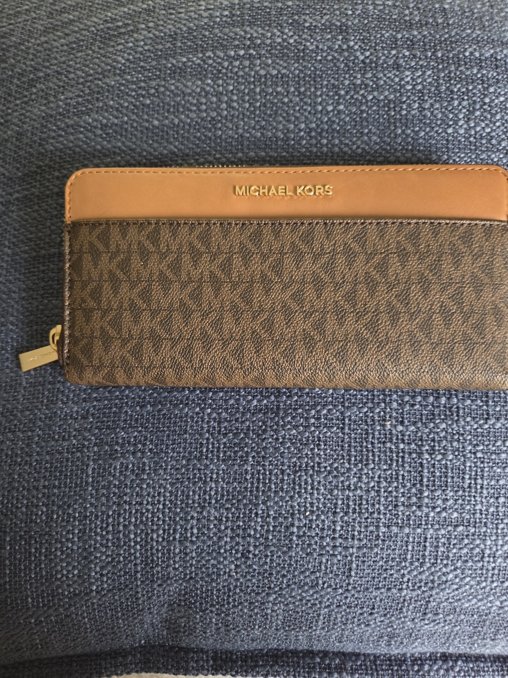 Large Michael Kors Brown and Tan MK Signature Zip Wallet